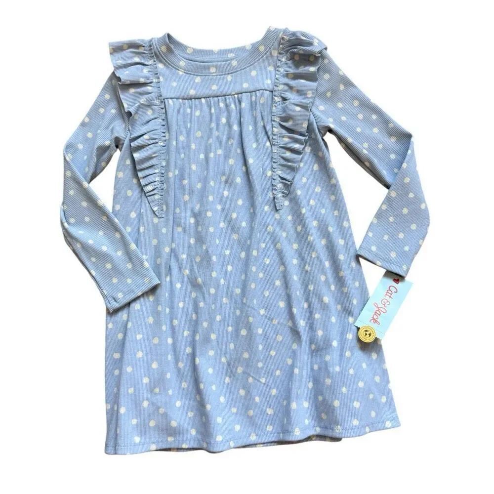 NWT Toddler Girls Cat & Jack Powder Blue Polka Dot Ruffle Detail Dress - Sz 5T